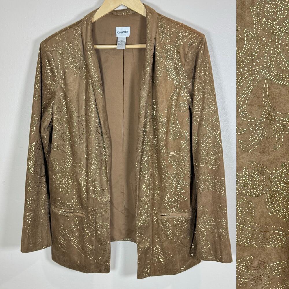 VTG Chicos Blazer Large Vegan Suede Tan embroidered Paisley Bohemian Open Front